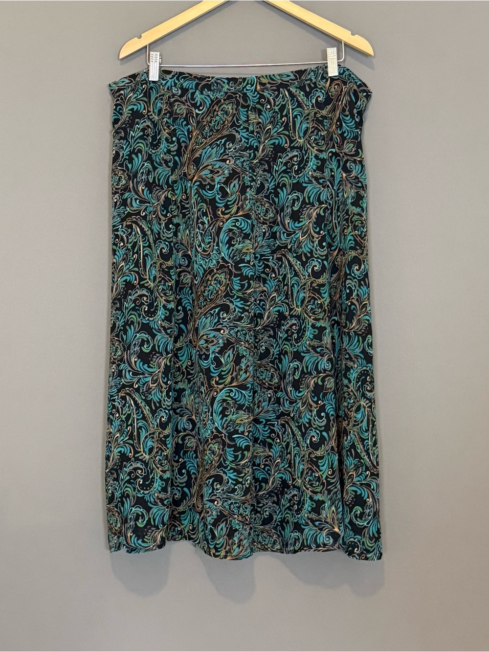 Jaclyn Smith Paisley Chiffon Midi Skirt Black Teal 1X Boho Lined